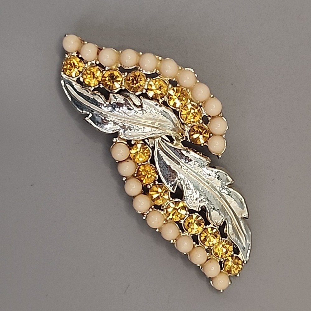 Vintage Rhinestone Brooch Double Leaf Orange Gold Tone 2 5/8″