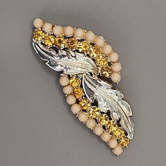Vintage Rhinestone Brooch Double Leaf Orange Gold Tone 2 5/8″