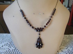Antique Bohemian Garnet Necklace 14.5″ Choker Cluster Drop Pendant Low 8kt