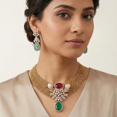 Gold tone Kundan & Polki Mesh Necklace Set with Ruby and Pearl