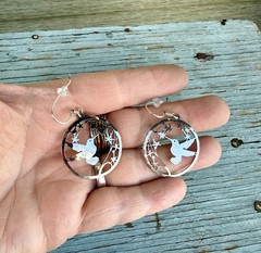 Vintage Signed Wild Bryde Silver Tone Hummingbird Cut Out Design Dangle Earrings