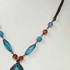 Pendant Necklace Blue Brown Glass Beads Acrylic Teardrop Brown Cord Chain Collar