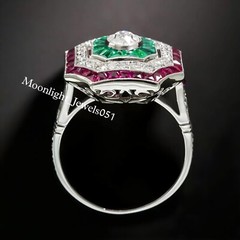 Art Deco RoundCut Lab Created Diamond, Emerald & Ruby 14K White Gold Filled Ring