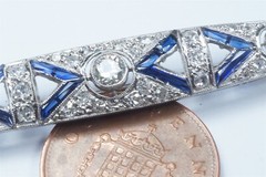 ANTIQUE ART DECO PLATINUM DIAMOND SAPPHIRE NAVETTE SHAPE BROOCH c1920