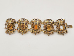 Vintage 1960s Selro Selini Gold Tone Faux Topaz Pearl Bracelet 8” Unmarked
