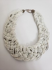 Vtg 1980-90s Statement White Beads/ Gold Metal Bib Braided Neclace Chunky Boho