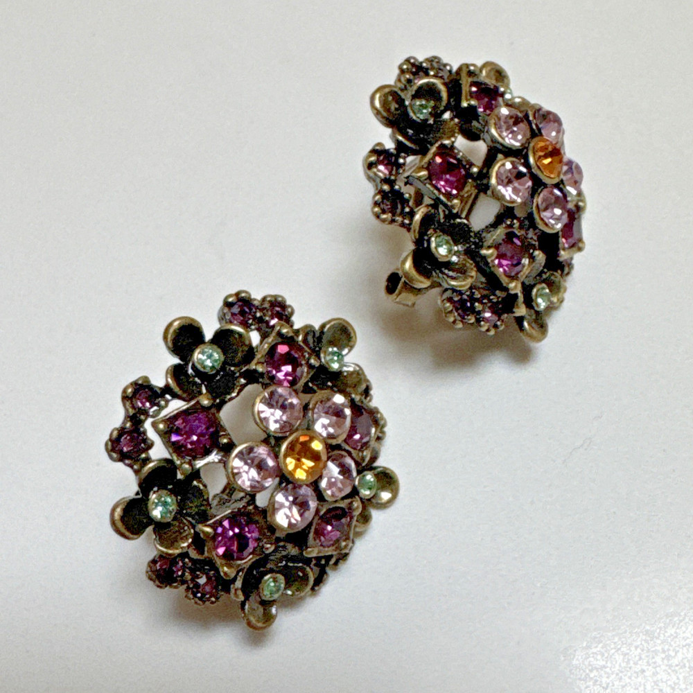 Vintage LaVintage Antiqued Gold Brass Purple Crystals Flowers Earrings Pierced