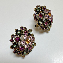 Vintage LaVintage Antiqued Gold Brass Purple Crystals Flowers Earrings Pierced
