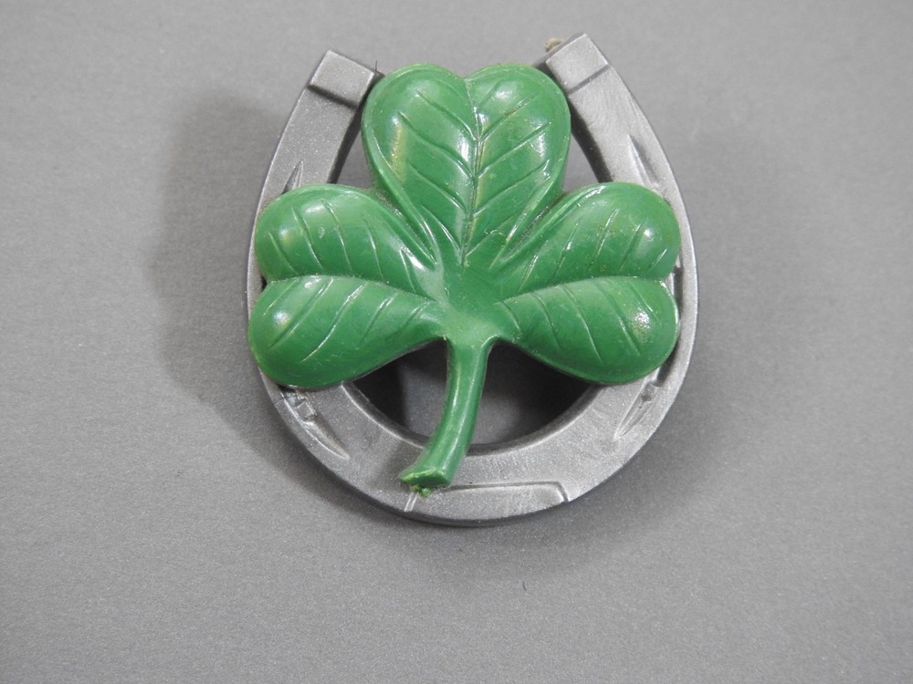 vintage GOOD LUCK PIN. C-CLASP Horseshoe & Clover shamrock