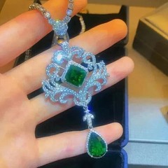 Art Deco Style Lab Created Diamond Emerald Wedding Pendant 14K White Gold Plated