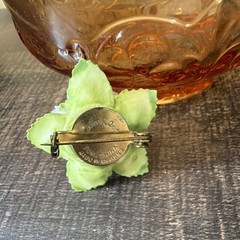 Dorothy Jane Bone China Flower Brooch Pin Signed Green White Purple
