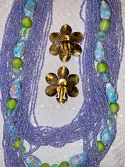 ORIGINAL by ROBERT Mauve MULTI-STRAND Beaded NECKLACE & EARS w/ENAMELED FLOWERS