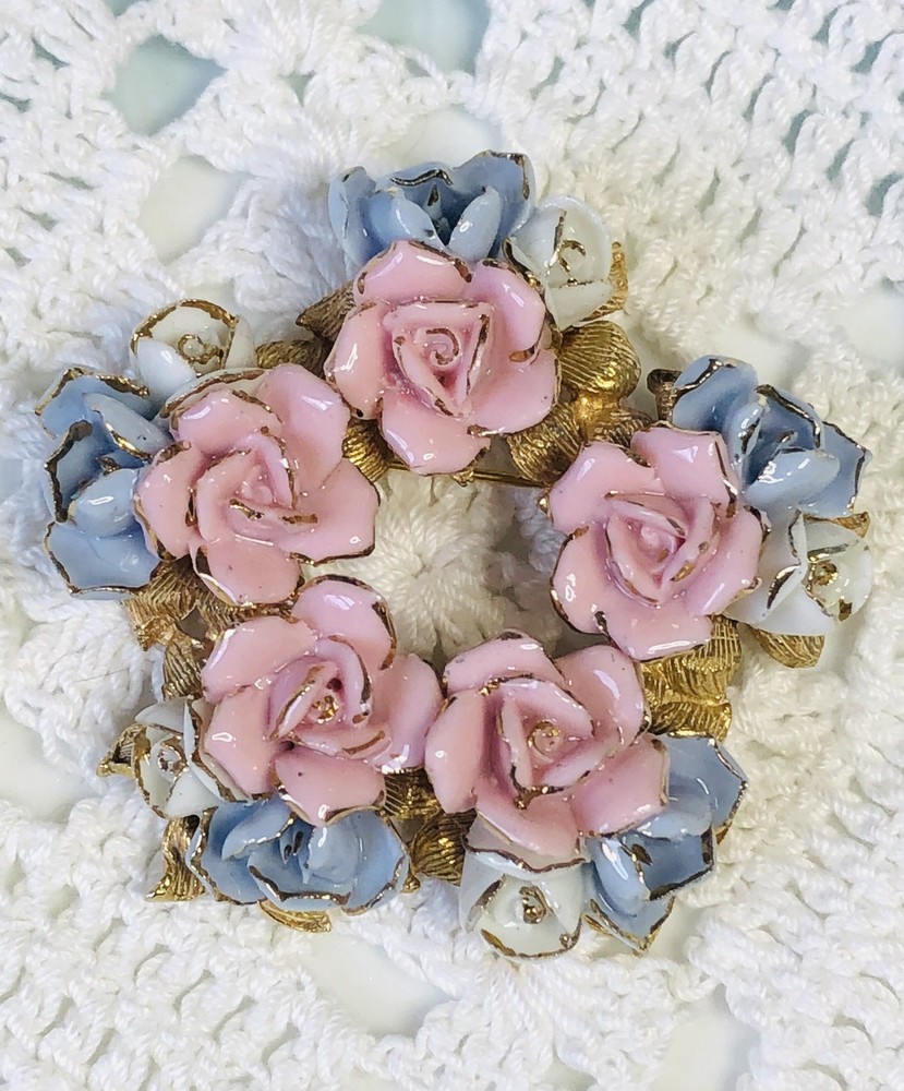 Vintage Porcelain Pastel Pink Blue White Roses Brooch
