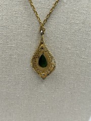 Vintage Green Jade Diamond Cultured Pearl Filigree Gold-tone Pendant Necklace