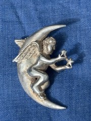 Vintage Sterling Silver Brooch Pendant Cherub Crescent Moon Celestial 8g 1.5”