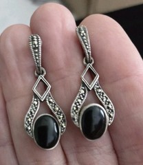 Vintage Sterling Silver Earrings Reversible Spinner Onyx MOP Marcasite Mother Of