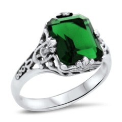 Vintage Art Deco Emerald & Lab Created Diamond Engagement Wedding 925Silver Ring