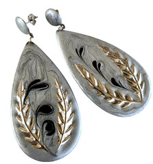 Vintage Gray w Black Enamel Leaf Silver Tone Dangle Pierced Earrings 3-1/8″
