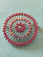 Rhinestone Circle Pinwheel Brooch Pin Silver Plate Pink Multi Color