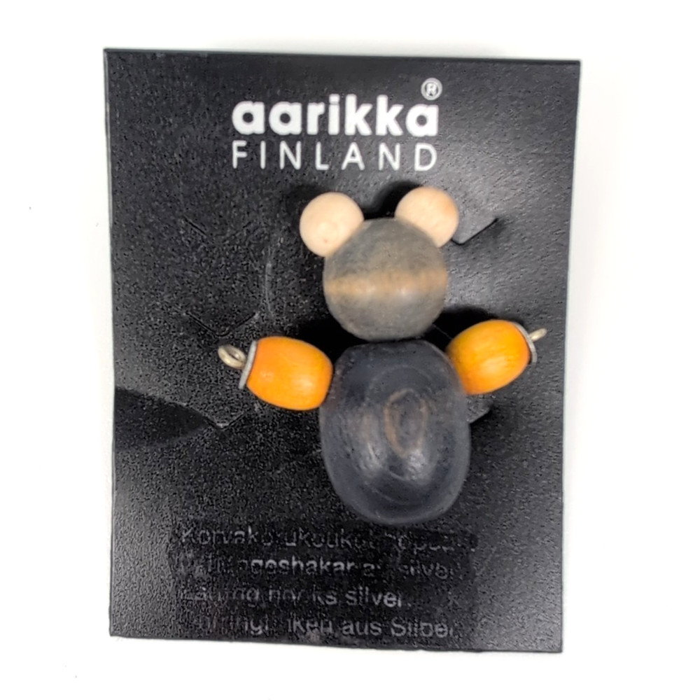 Vintage Aarikka Finland Wooden Bear Pin Brooch MCM Nordic Design Original Card