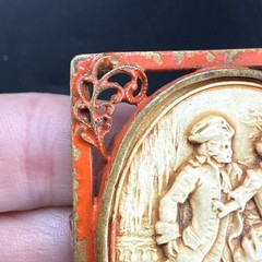 Vintage Colonial Courting Couple Brooch Red Enamel Metal Celluloid