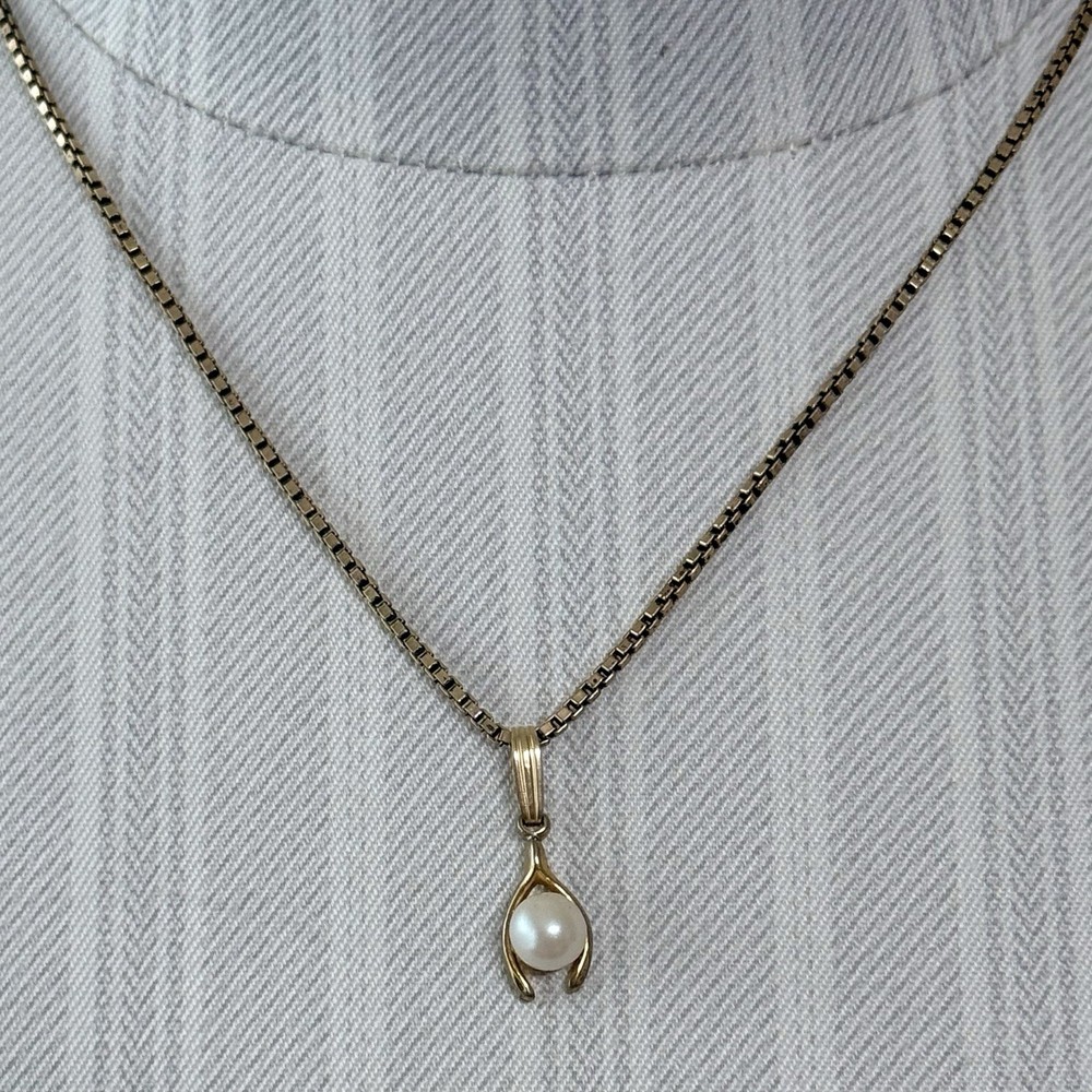 Dainty Vintage 70’s Gold Filled Wishbone/Faux Pearl Pendant & Box Chain 15.5”