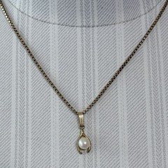 Dainty Vintage 70’s Gold Filled Wishbone/Faux Pearl Pendant & Box Chain 15.5”
