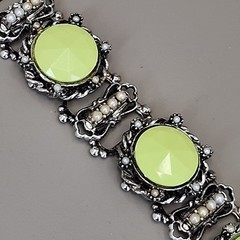 Vintage Bracelet Lime Green Round Bead Faux Pearl Silver Tone Book Chain 6″