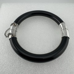 Vtg 9mm Wide Black Onyx Hinged Bangle Bracelet Sterling Silver 925 Stackable