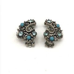 Vintage Lisner Silver Tone Blue Rhinestone Flower Climber Clip On Earrings