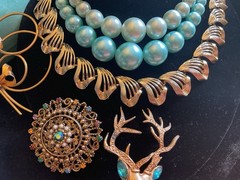 Vtg Aqua Blue Summer Jewelry Mix Lot Earrings Necklace Brooch Lisner Japan Coro