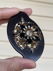 Vintage Bakelite Brooch Irregular Shape Rhinestones Gold Tone Czech Large