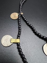 Vintage Black Beaded Coin Necklace, Tribal Boho Necklace, Ethnic Coin Charm