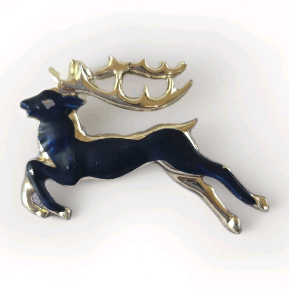 Vintage Brooch Pin Deer Reindeer Black Blue Enamel Gold tone