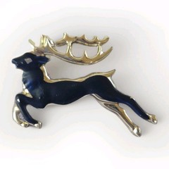 Vintage Brooch Pin Deer Reindeer Black Blue Enamel Gold tone