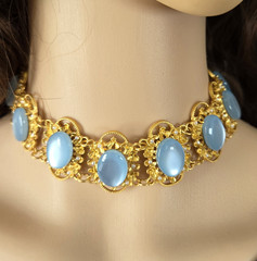 Moonglow Blue Lucite Gold Link Collar, Vintage Filigree Choker Necklace