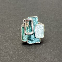 Turquoise Enamel Rectangle Stretch Ring Vintage Silver Tone Size 7+