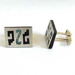 VTG Taxco Mexico Sterling Signed AAB Cuff Links Mid century Mod Aztec Black Onyx