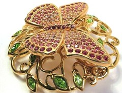 2002 Swarovski Swan Mark Signed Butterfly Brooch Pin Pink Green Rhinestones