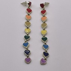 Earrings Rainbow Hearts Long Gold Tone Dangle Metal Pierced Jewelry