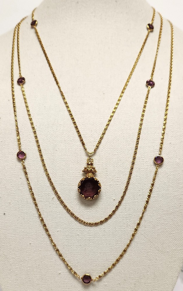 Vintage Goldette NY Purple Intaglio Bezel Set Crystal Gold Tone 3 Tier Necklace