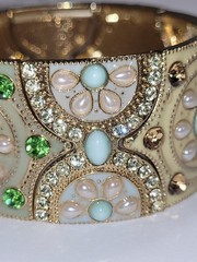 Vintage Wide Cuff Cloisonné Bracelet Ornate Enamel Rhinestone Gold-tone Jewelry