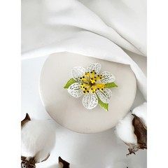 1960s Flower Brooch White Yellow Enamel Filigree Vintage Floral Pin