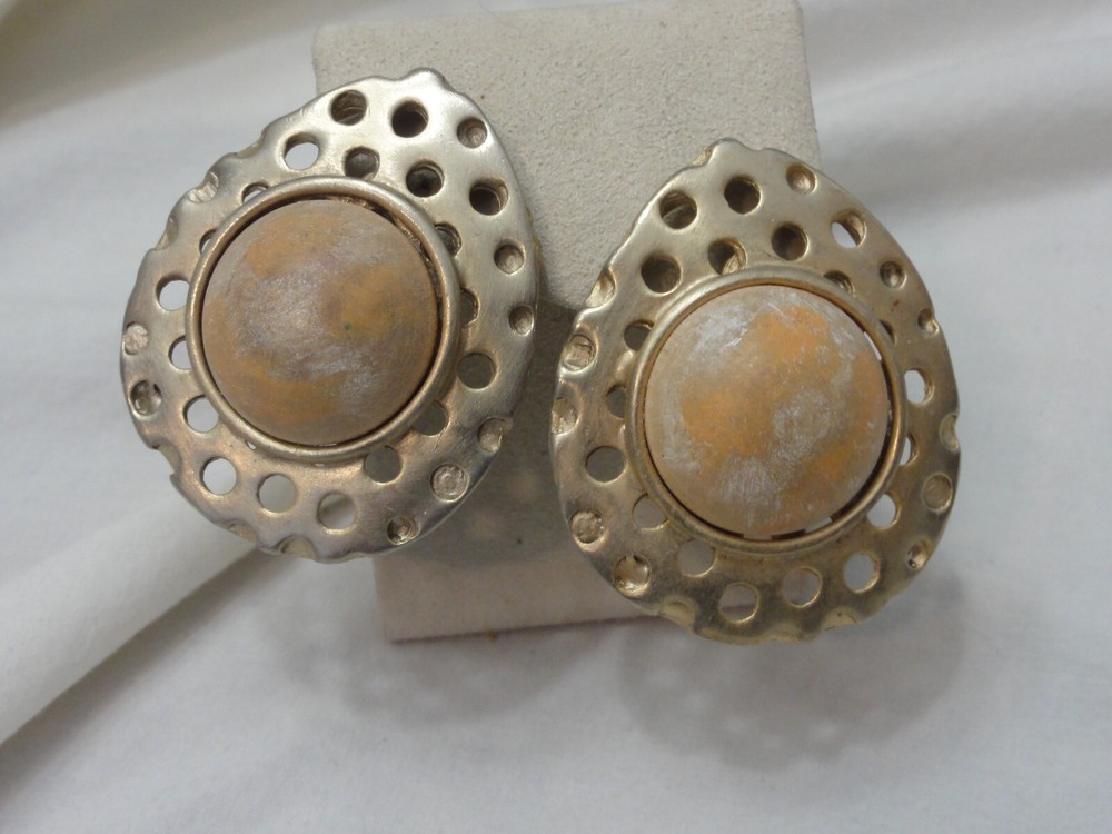 Vintage Large Domed Round Wood Bead Earrings Clip-on Statement
