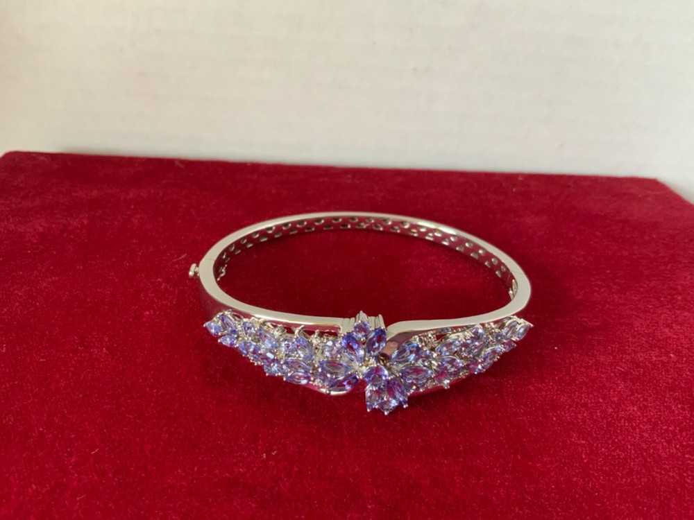 RARE NATURAL TANZANITE DIAMOND FLOWER STERLING 7 1/2” BANGLE BRACELET NEW