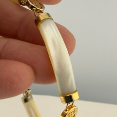 Chinese Longevity Mother Of Pearl Bracelet Safety Chain 7in Gold Tone