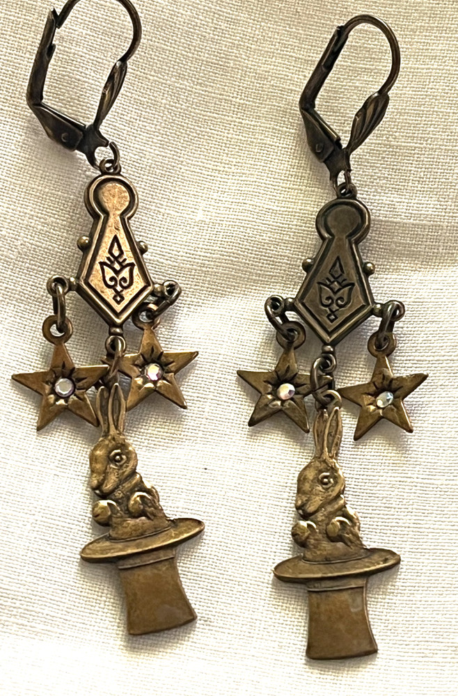 Bronze-Toned Antique-Style Chandelier Dangle Earrings, Stars, Rabbit in Hat 2.5″