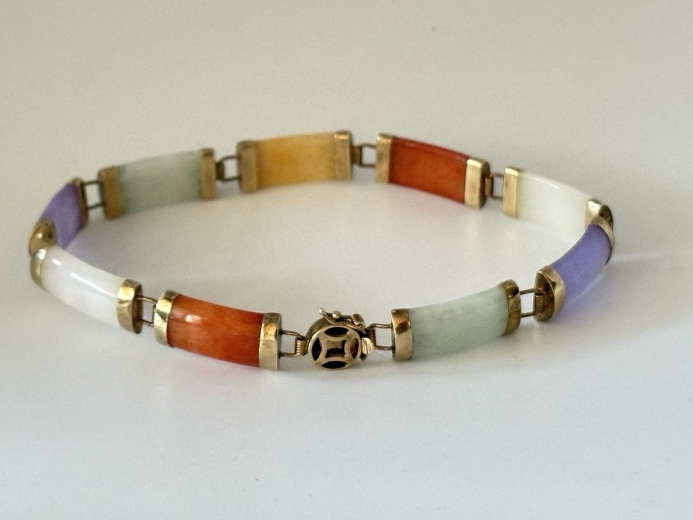 Vintage 14k Yellow Gold Multi Color Jade Bracelet Lavender Apple Green White