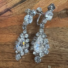 Rhinestone Teardrop Dangle Screw Back Earrings 1950s Vtg Glamorous Formal