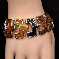 Vintage Gold Tone Link Bracelet Black Brown Enamel. 18.151